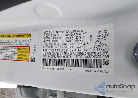 2022 Honda Civic Sport z USA, uszkodzony, nr VIN 2HGFE2F56NH566744